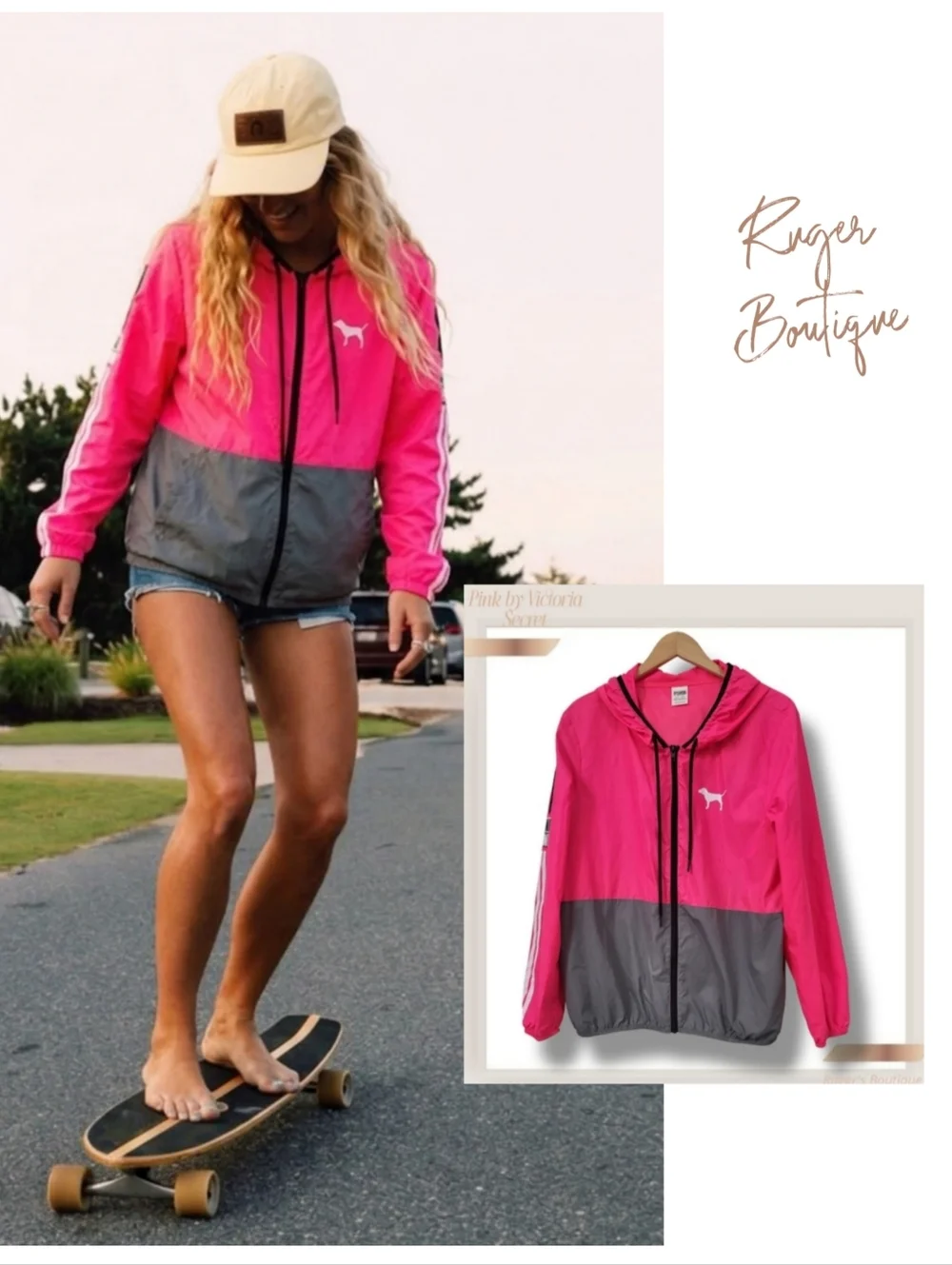 🌿Victoria's Secret Women's Med/Large Anorak Oversized Pink & Gray Wind Breaker - Picture 1 of 14